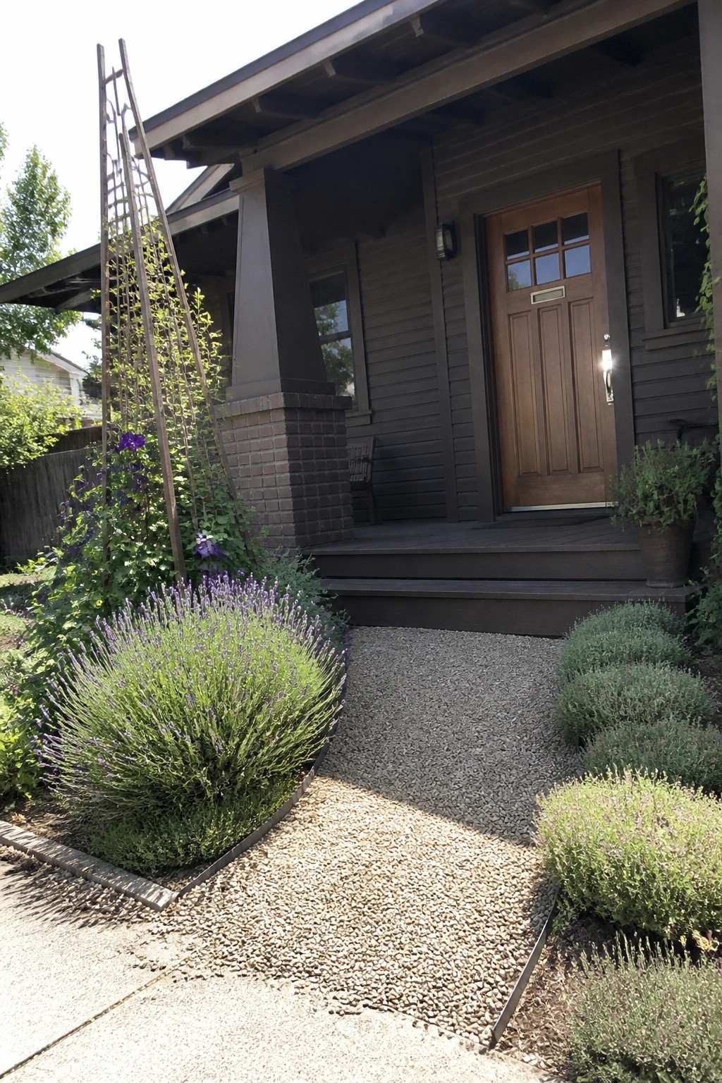 Dark house porch with wooden door, steps, and lavender-lined gravel path