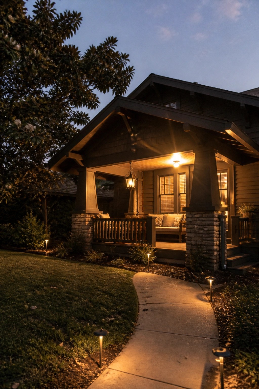 Warmly lit wooden porch with stone pillars and solar lights along curving path at dusk