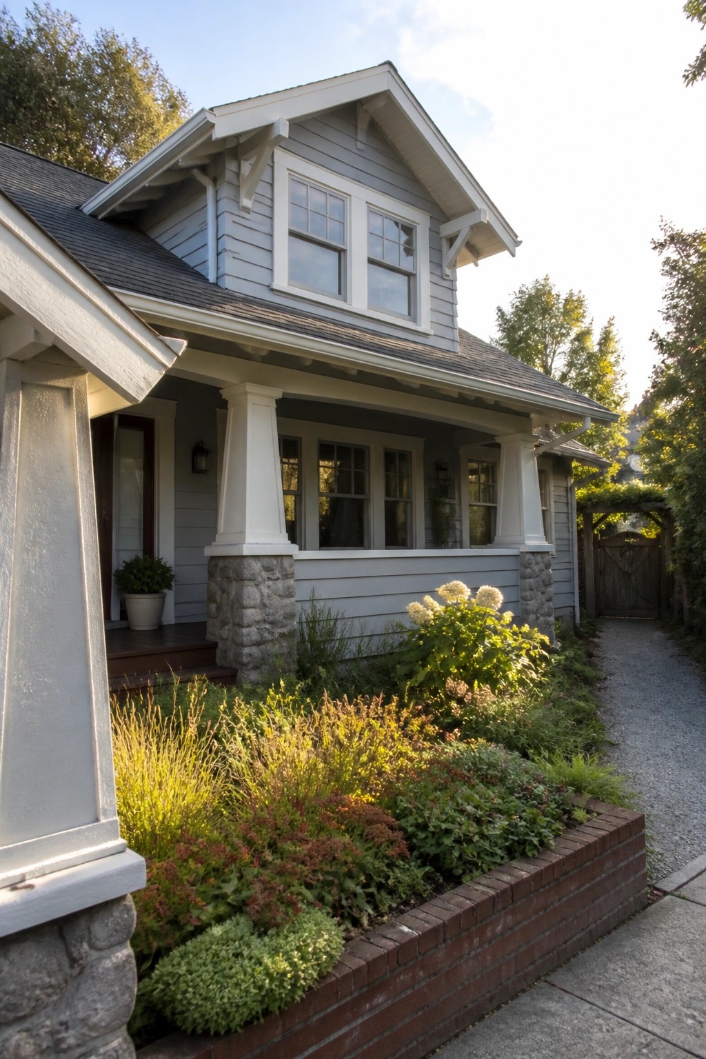 Gray house with white trim, stone porch pillars, and lush garden bed.