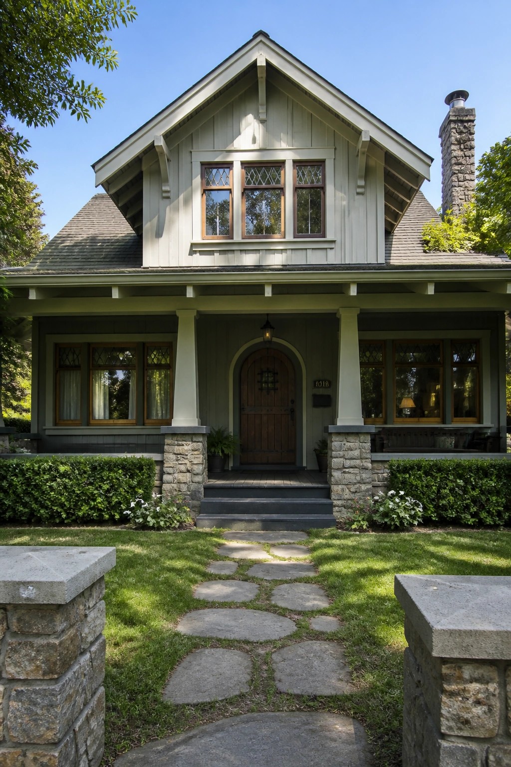 Two-story light green house with gabled roof, stone chimney, porch, and stone path