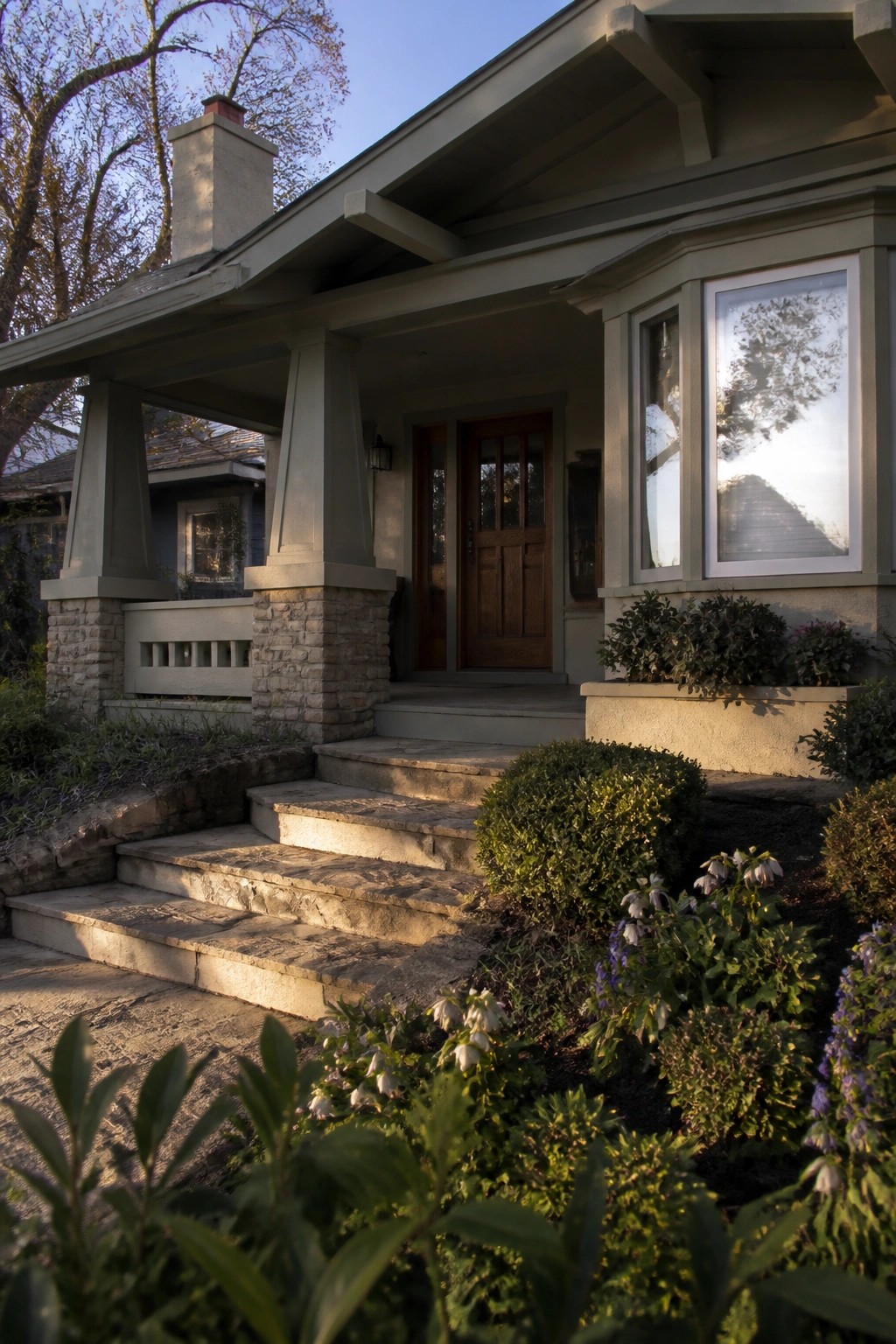 A Craftsman bungalow front porch with stone piers supporting tapered columns, a wooden door, stone steps, and garden beds along the walkway.