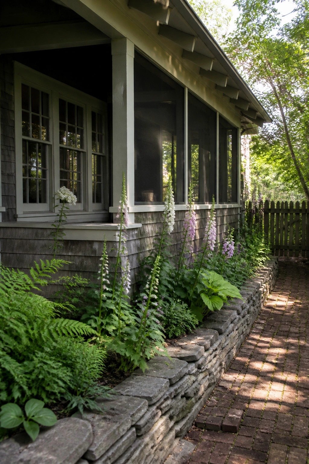 A craftsman bungalow exterior with gray wood siding, a screened porch, and foundation plantings of ferns and tall flowers bordered by a low stacked stone wall next to a brick path.