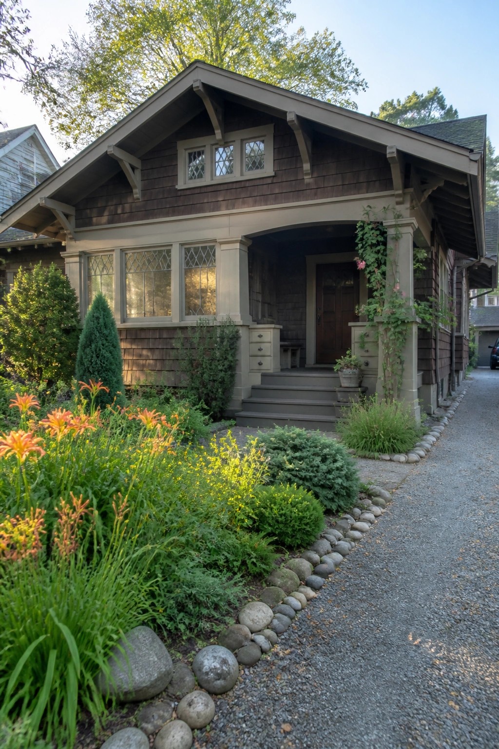 Front view of a 1920s Craftsman bungalow with dark wood shingles, a covered porch, and garden beds edged in rounded river rocks along a gravel path.