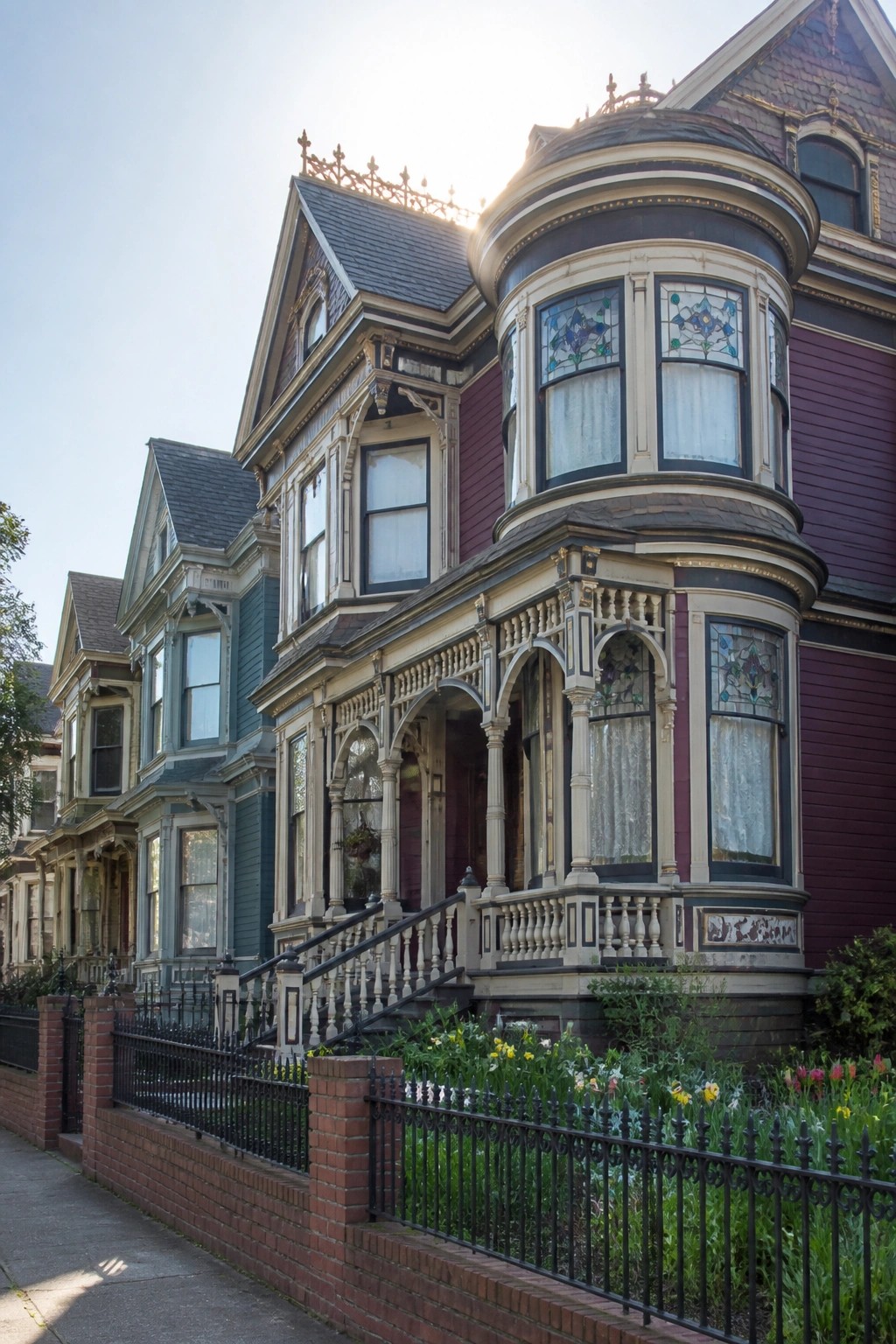 A large cream-colored Victorian mansion with a central stone staircase leading to dark double doors, flanked by urn planters and formal garden beds.