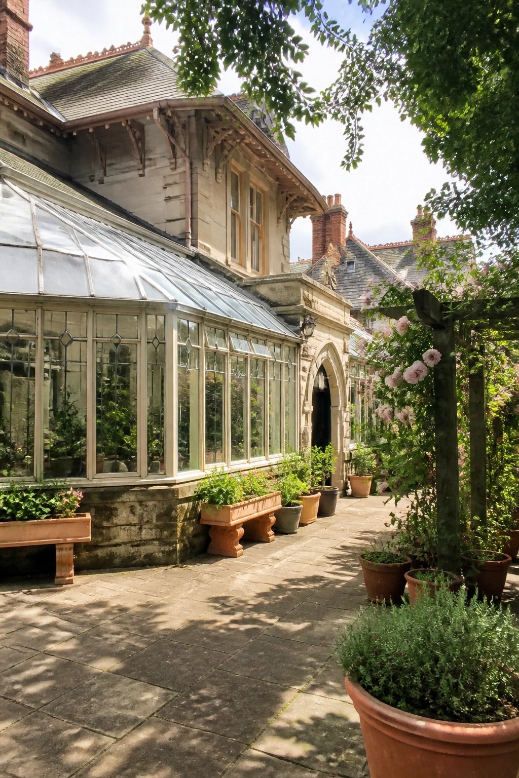 Sunlit stone mansion with glass conservatory, urns, and hedged stone garden pathway.