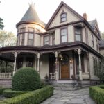 Ornate Victorian house with teal siding, turret, wraparound porch, and stone steps.