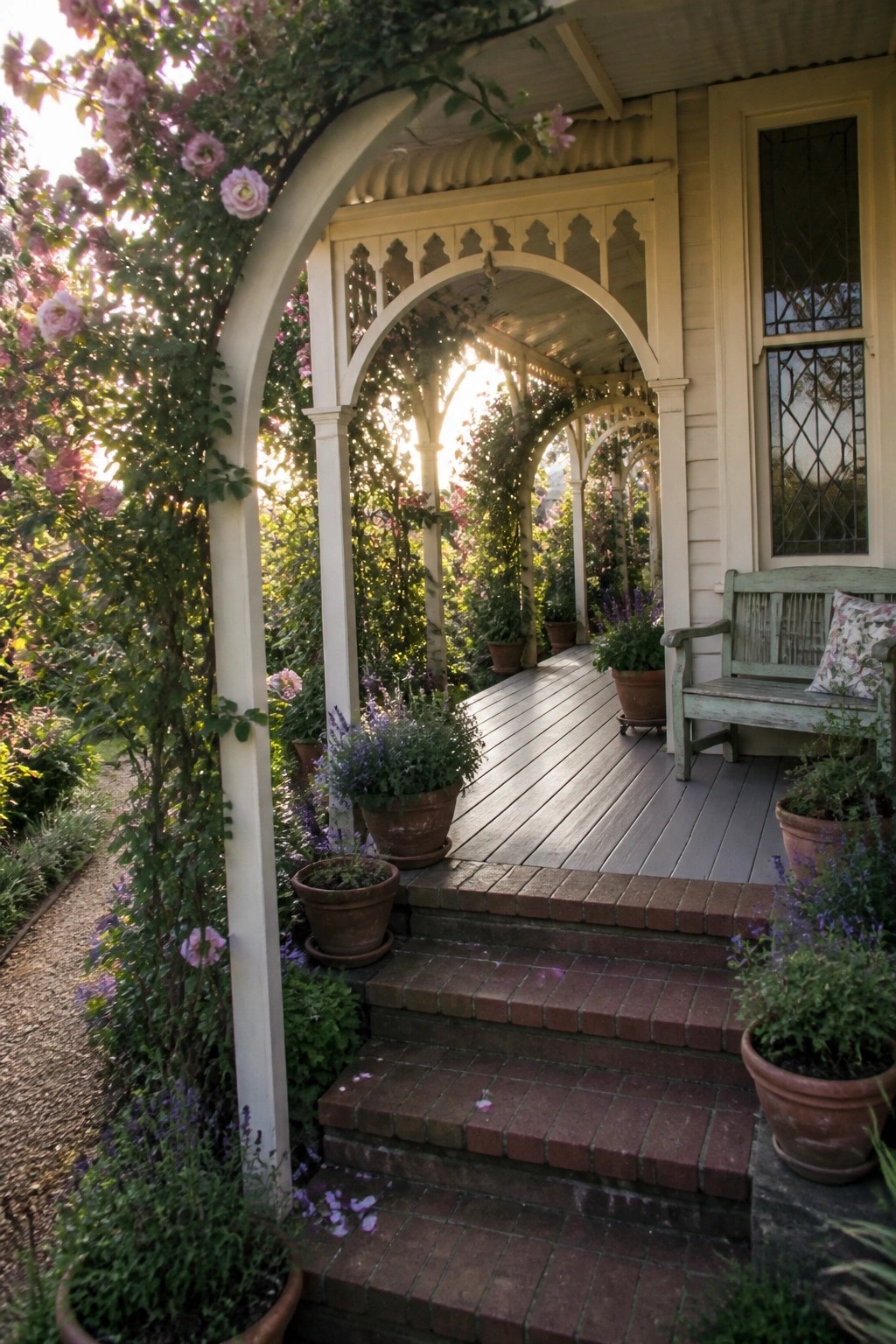 A white wooden arch covered in pink climbing roses frames the entrance to a Victorian porch with brick steps, potted plants, and a wooden bench.