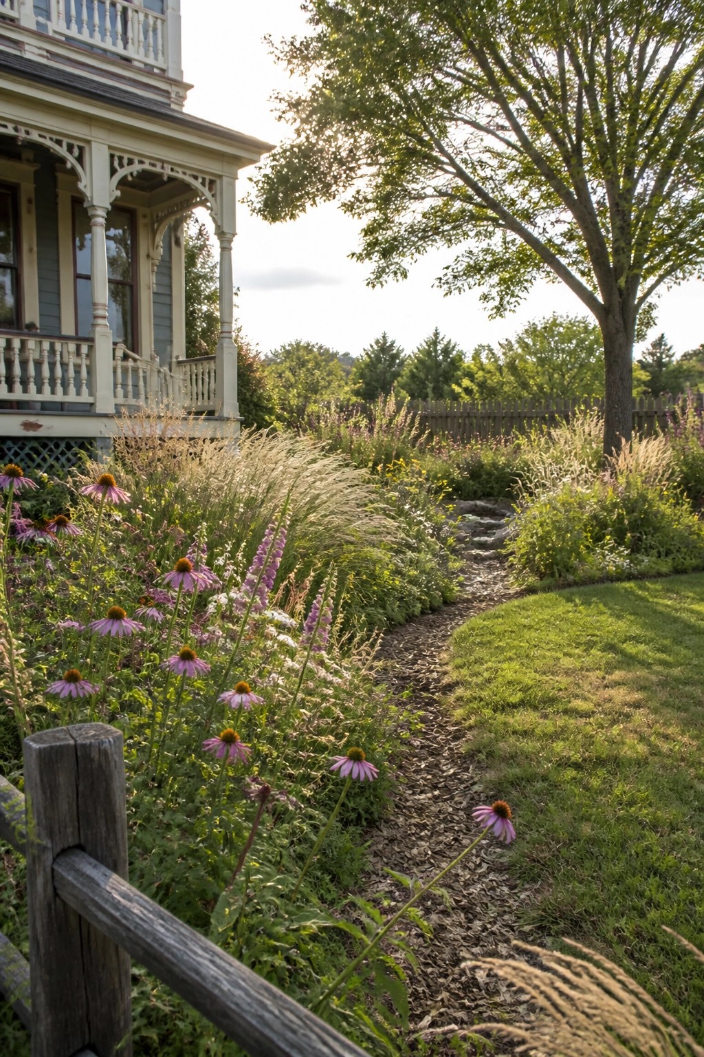 A gravel path curves through flower beds of purple coneflowers and tall grasses leading toward a Victorian house.