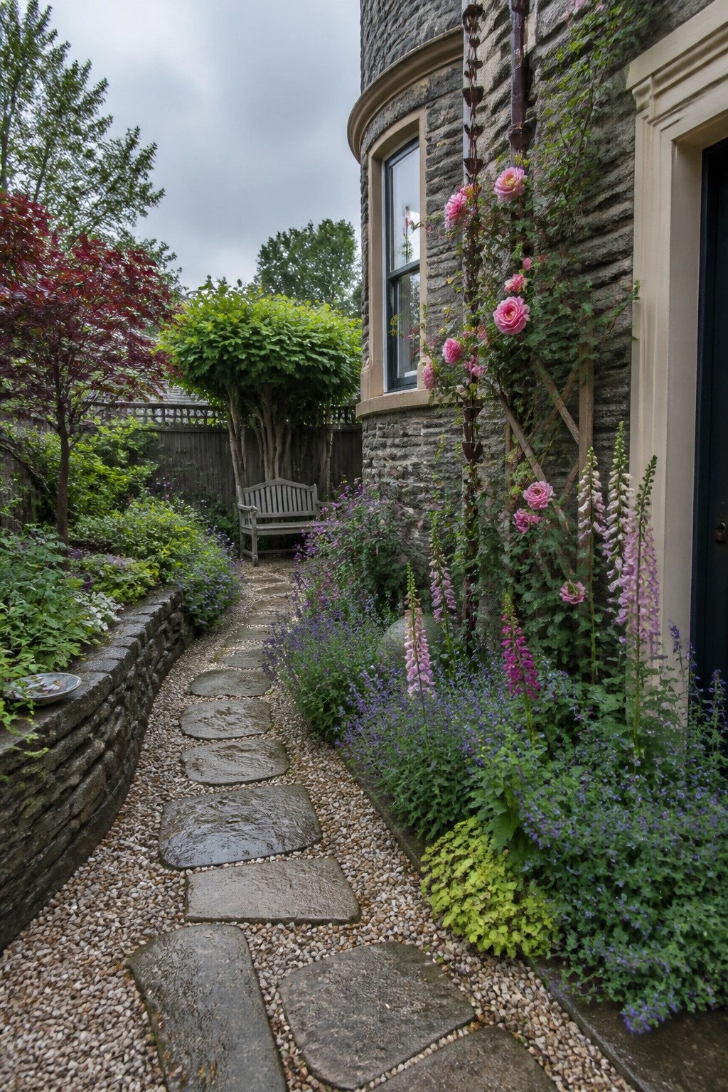Stone pathway lined with pink roses and flowers beside stone building