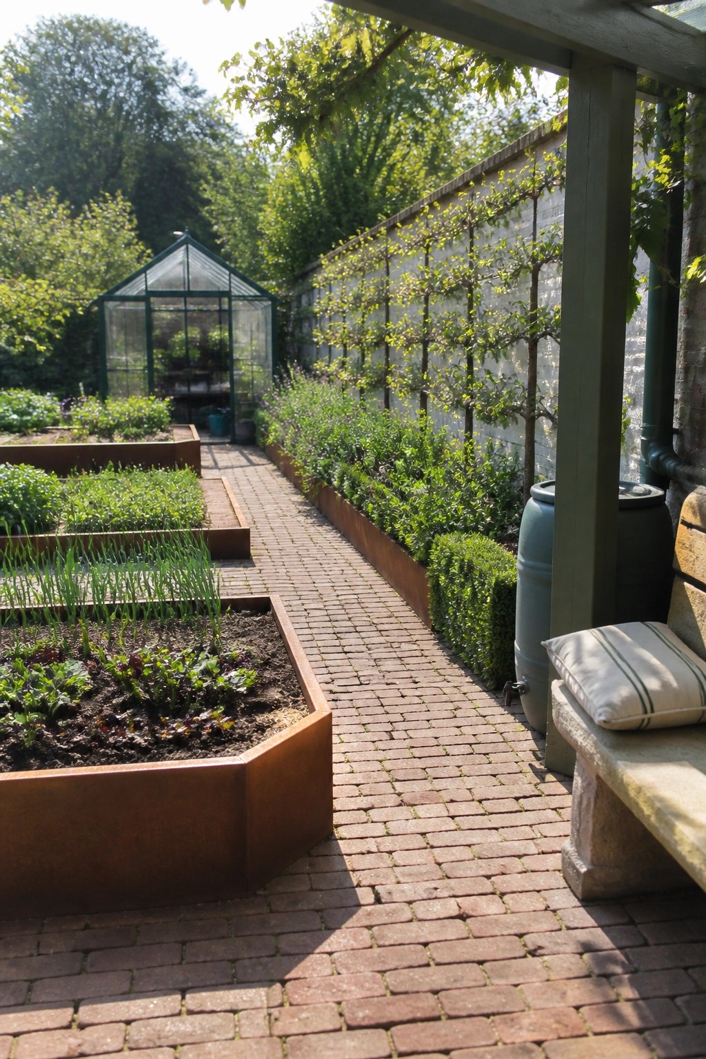 Brick pathway bordered by raised garden beds leading to a greenhouse in walled garden