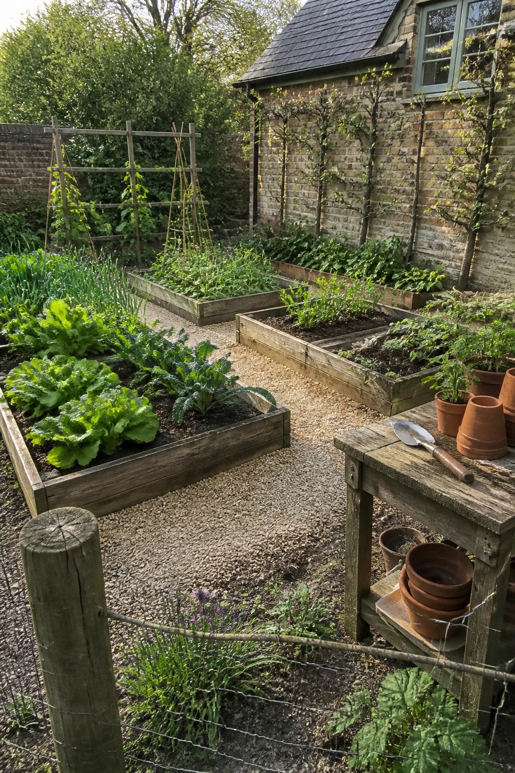 Raised garden beds with leafy greens, gravel paths, and wooden table with clay pots