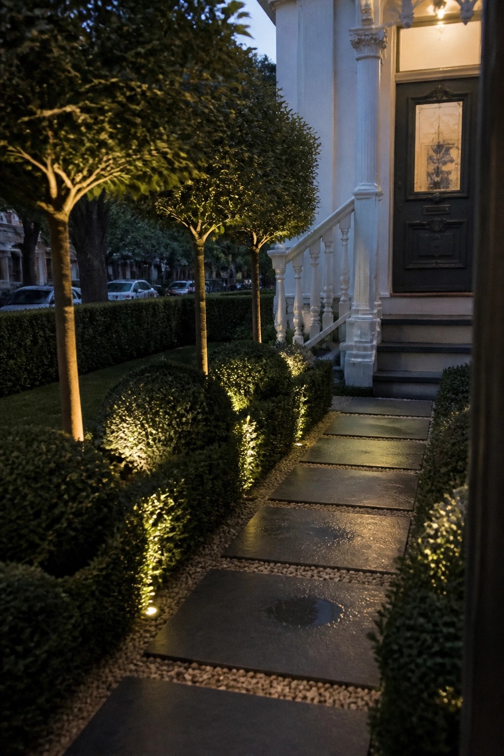 Wet stone pavers wind through glowing hedges toward white stairs and dark door.