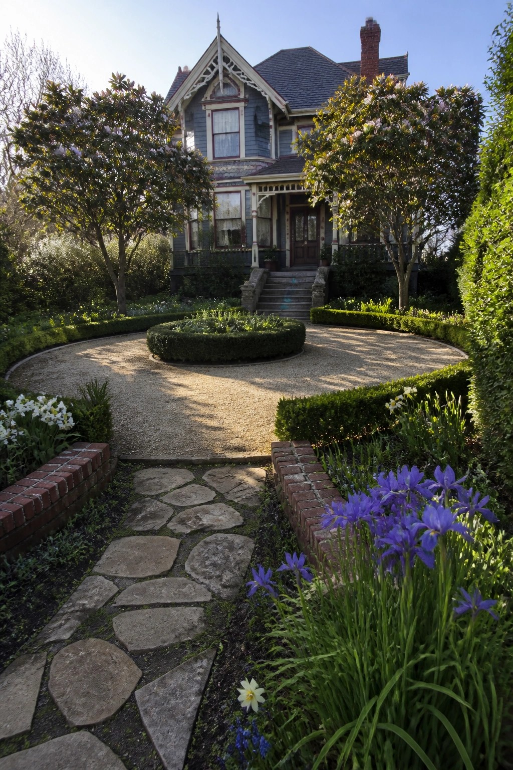 Victorian house with circular gravel drive, stone path, and blooming purple irises