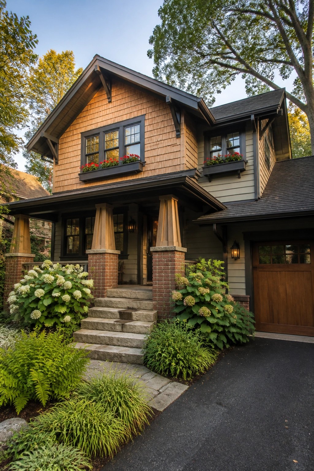 Two-story wooden house with porch, stone steps, red flower boxes, and lush garden.