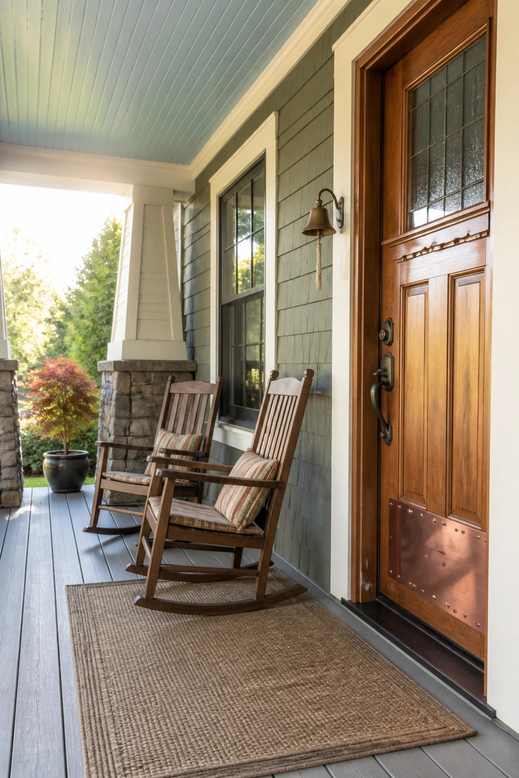 Two wooden rocking chairs with striped cushions rest on a woven rug in front of a green Craftsman house with a wooden door.