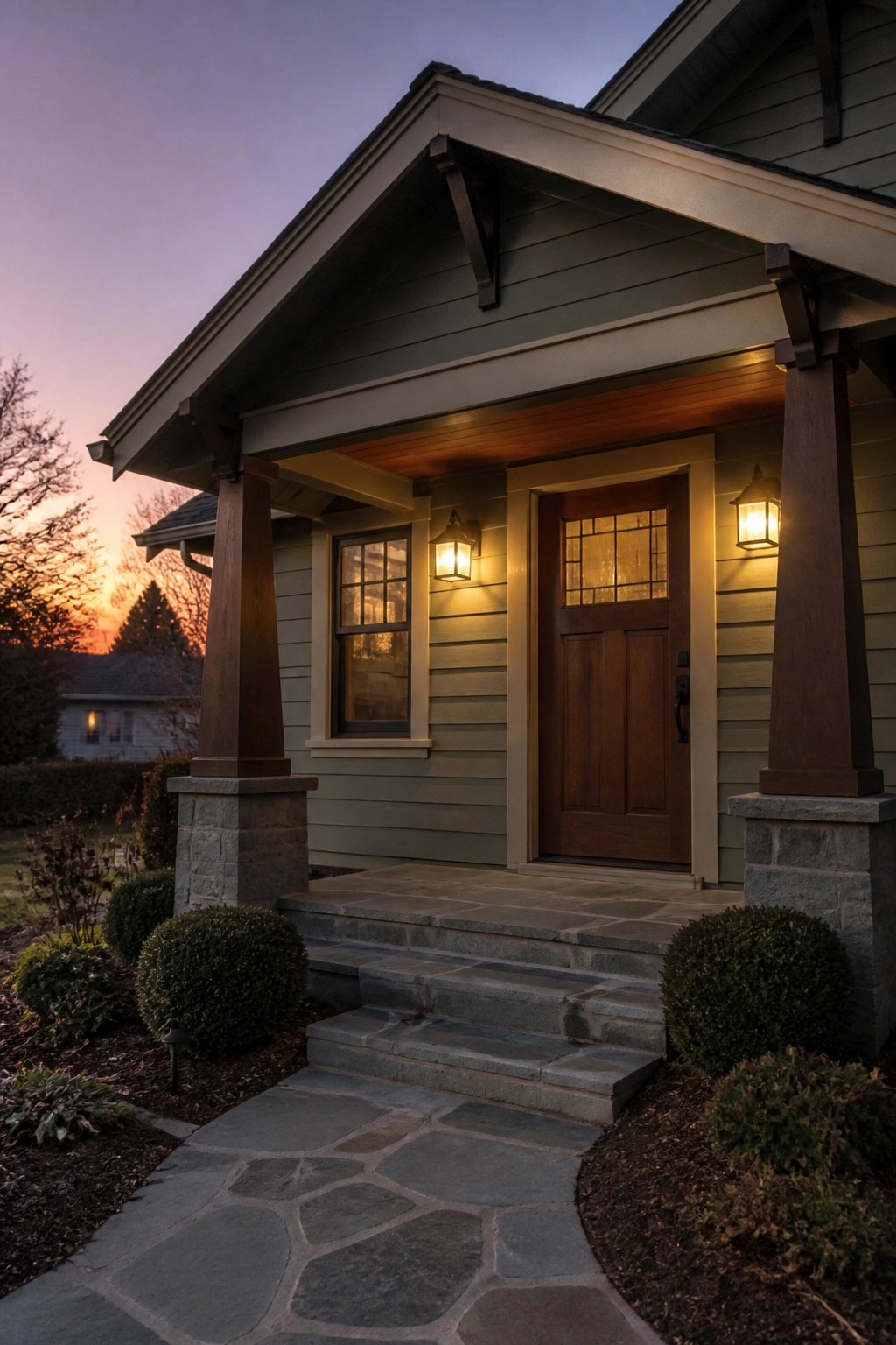 Craftsman house exterior at dusk with a covered porch, wooden columns on stone bases, a wooden front door with glass panels, stone steps, and a flagstone walkway.