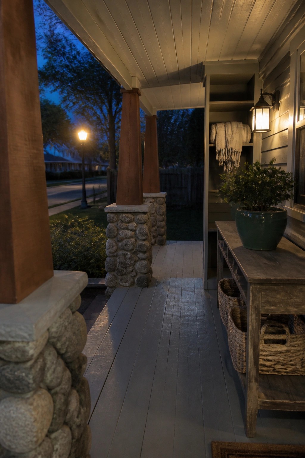 Covered front porch at dusk with built-in wall shelves holding a folded blanket and green potted plant, wooden bench with woven baskets below, stone and wood pillars, and street view in the background.
