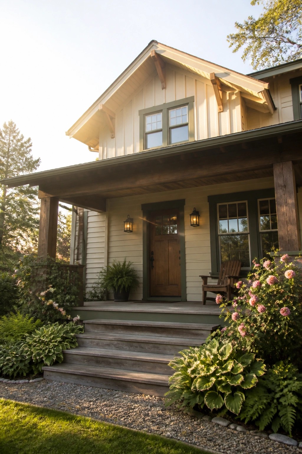 Craftsman house with wooden porch, steps, door, chair, and pink flowers.