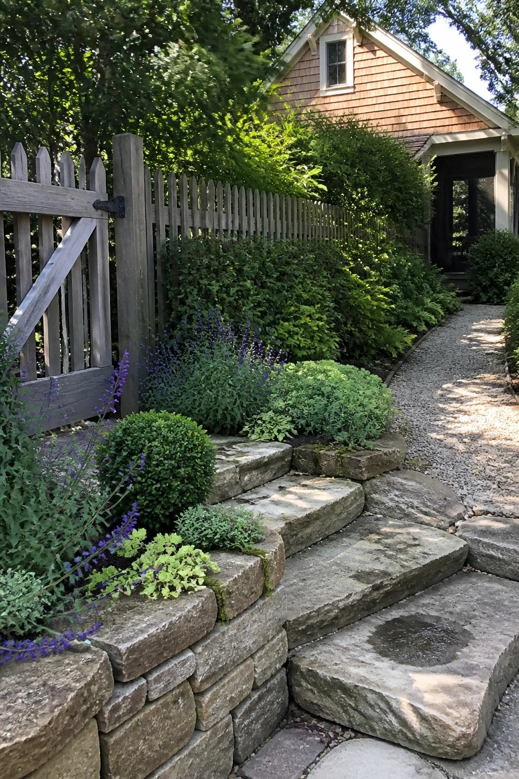 Stone steps bordered by layered shrubs and flowers lead from a gravel path up to a wooden gate beside a shingled house.
