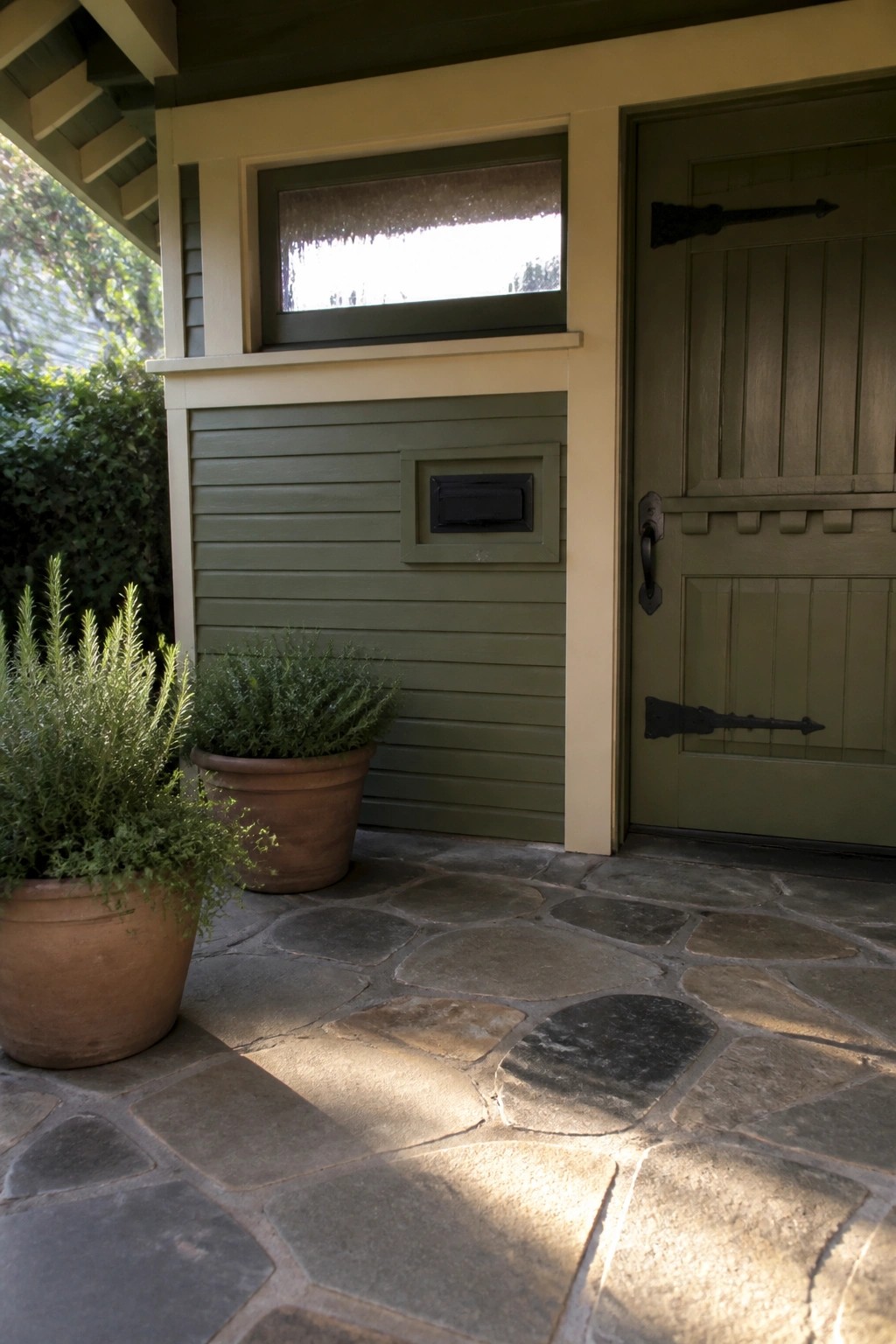 Green door with mail slot beside potted plants on stone patio