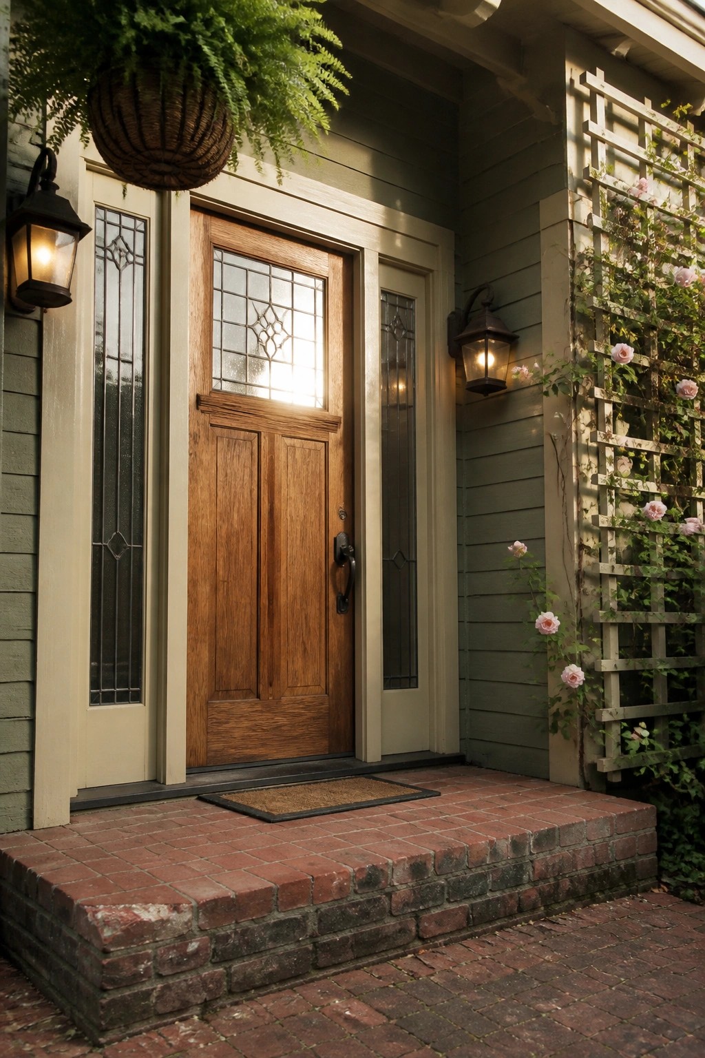 A wooden Craftsman front door with leaded glass sidelights on a brick stoop, flanked by black lanterns and a rose-covered trellis to the right.