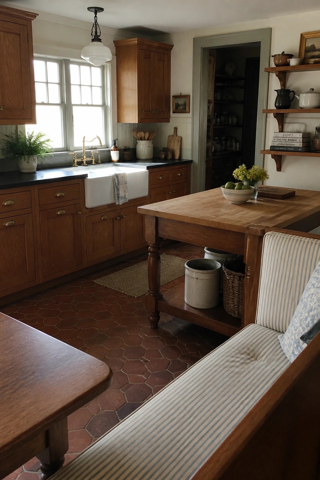 A Craftsman-style kitchen with wooden cabinets, a white farmhouse sink, black countertops, terracotta tile floor, and a large wooden table used as an island with bench seating.