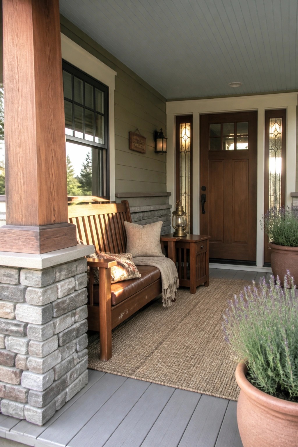 A wooden bench with cushions sits on a covered porch next to a brown front door, with a side table and potted plants nearby.