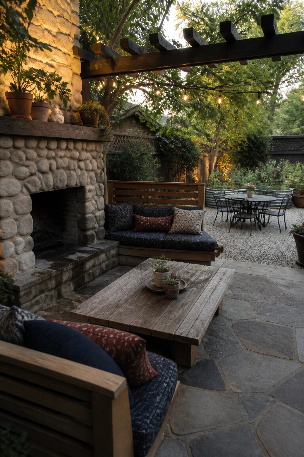 A stone fireplace with a wooden bench and cushions sits on a patio beside a wooden coffee table, with a pergola and string lights overhead.