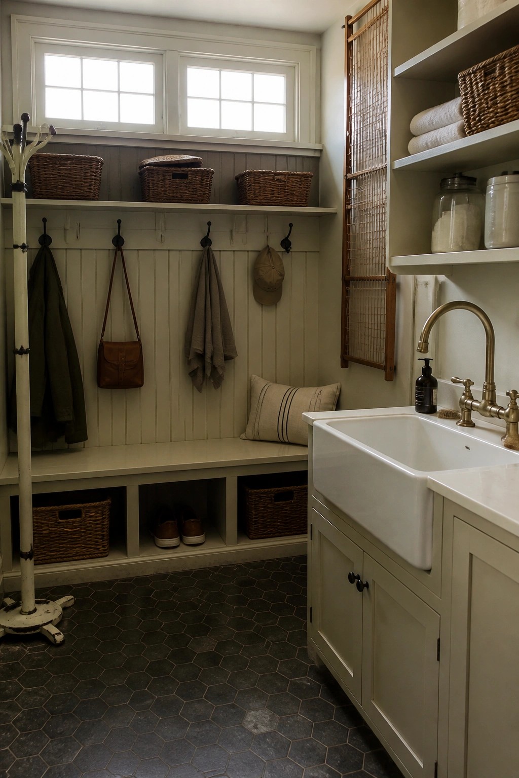 A mudroom with a white farmhouse sink, built-in bench seating with cubbies below, wall hooks, and open shelving holding baskets.
