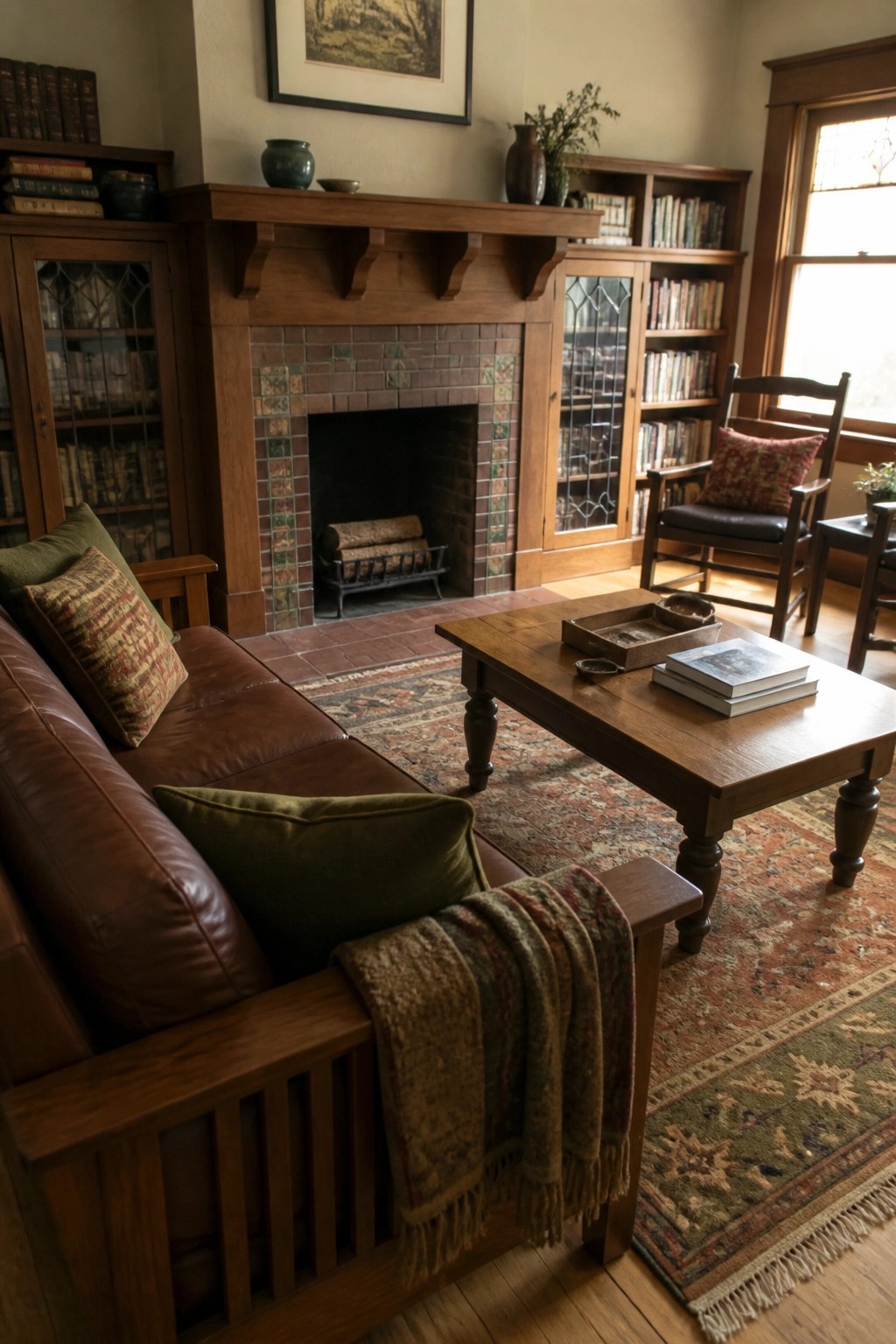 A living room interior featuring a brown leather sofa with green pillows, a wooden coffee table on a patterned rug, and a central brick fireplace flanked by built-in wooden bookshelves.