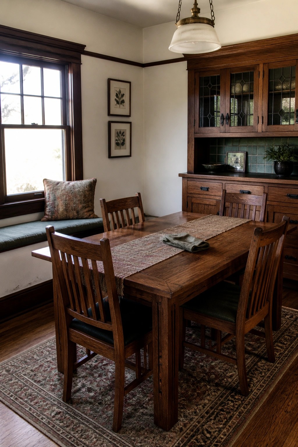 A dining room with a wooden table and chairs, built-in dark wood cabinets with glass doors, and a cushioned window seat.