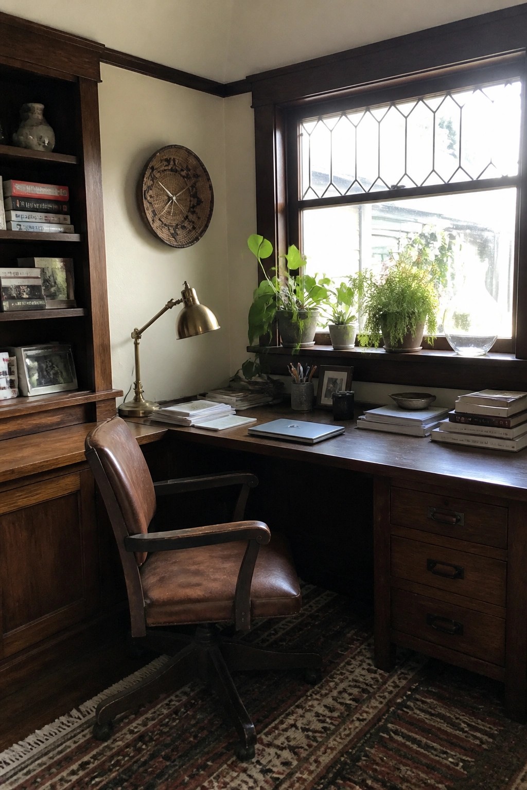 A corner desk with dark wood built-in bookshelves on the left and file drawers on the right sits under a large window with plants on the sill.