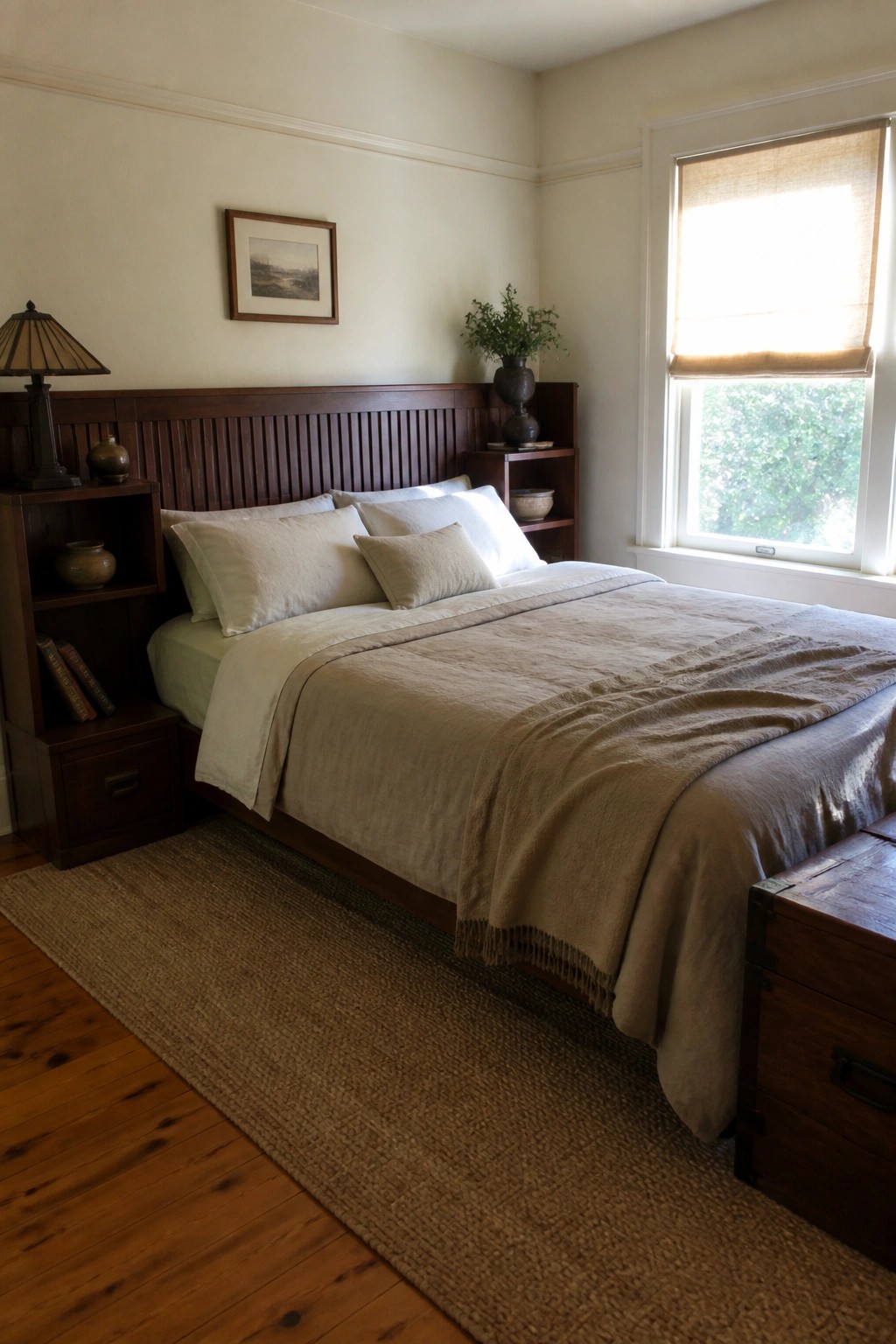 A bedroom with a dark wood bed, built-in wooden shelves flanking the headboard, neutral bedding, and a large woven rug on the floor.
