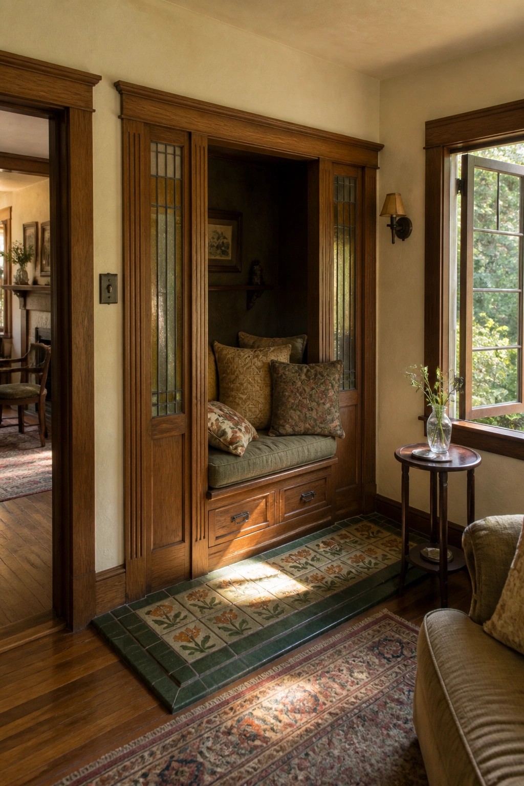Interior view of a recessed wooden built-in window seat with green cushions and patterned pillows, two drawers below, and a decorative tile step in front.