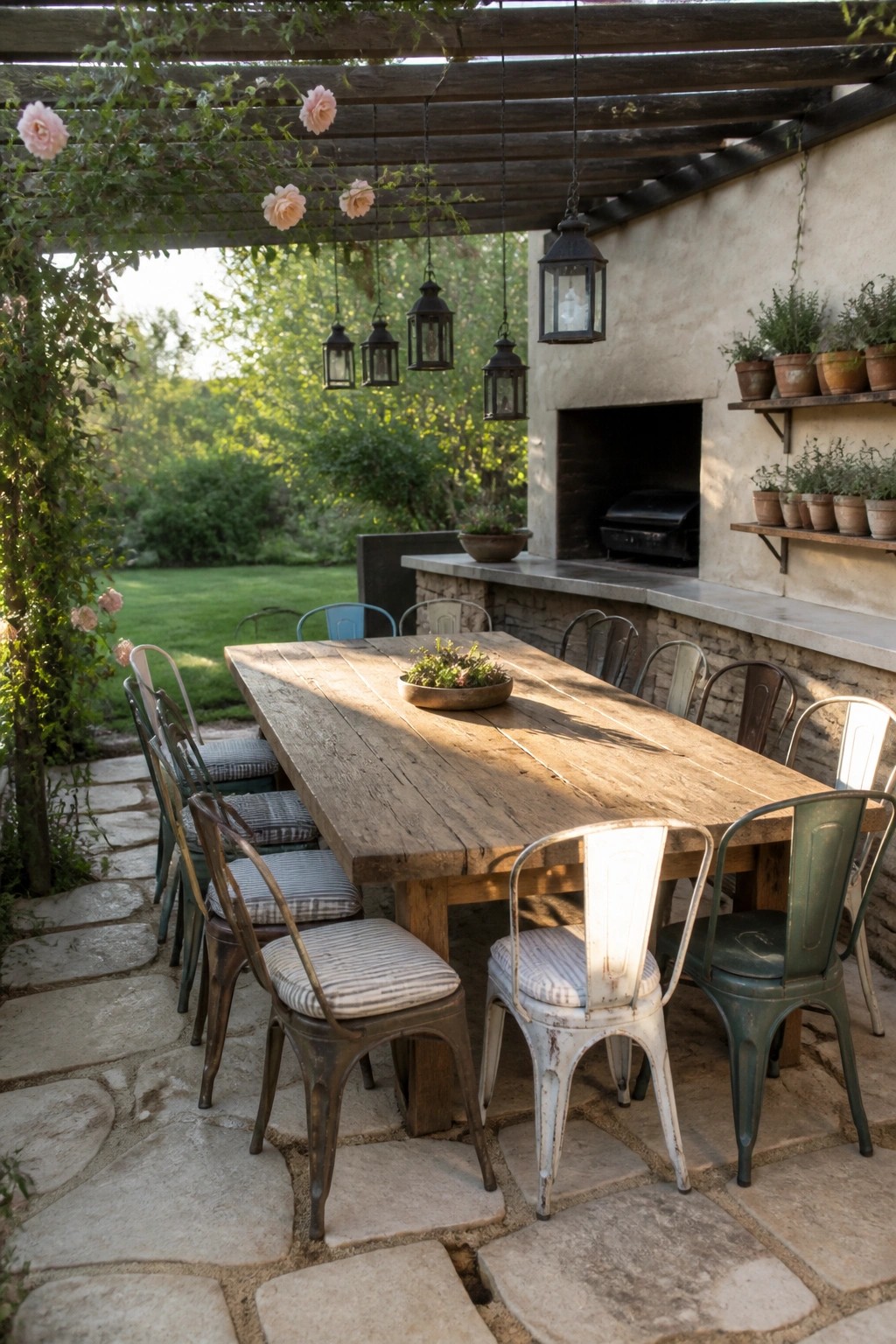 Rustic wooden table with mismatched chairs on stone patio under hanging lanterns and roses