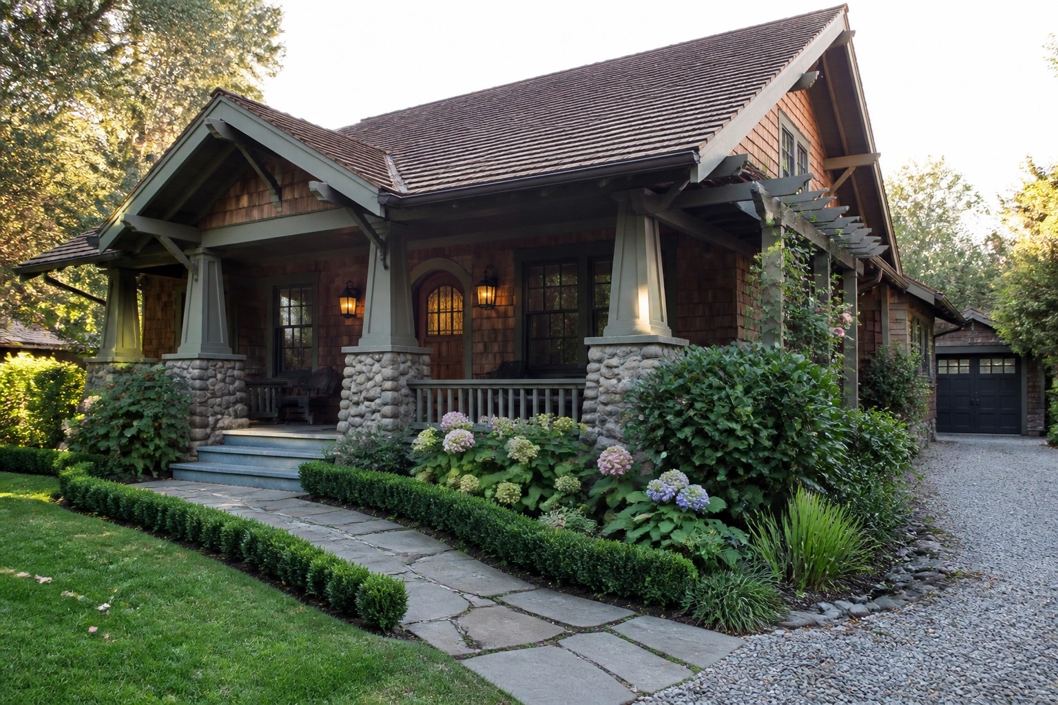 A Craftsman bungalow exterior featuring wood shingle siding, a front porch with tapered stone column bases, an arched entry door, and landscaped beds with white hydrangeas along a stone pathway.