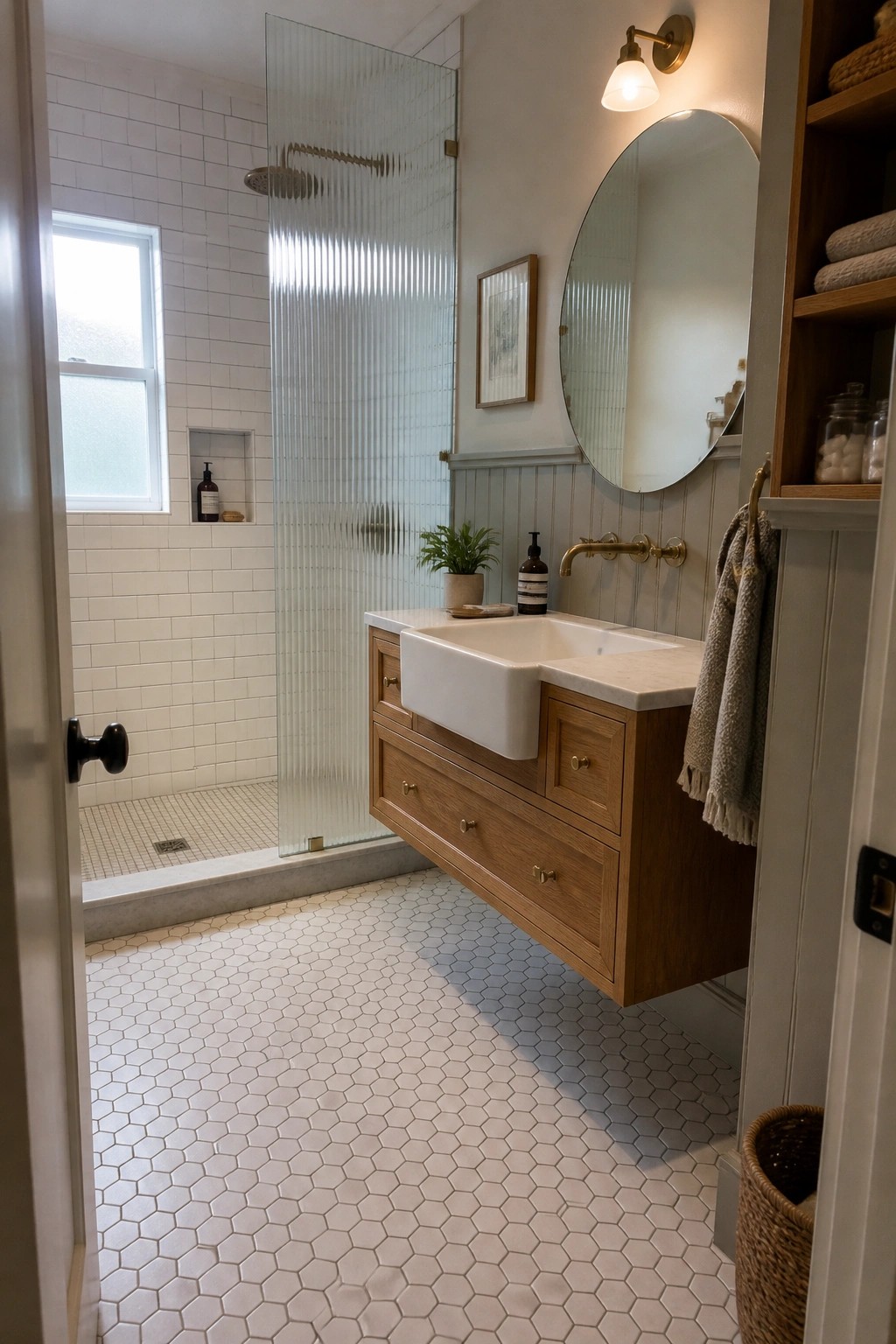 A bathroom interior featuring a floating wooden vanity with a white farmhouse sink, round mirror above it, subway tile shower, and hexagonal floor tiles.