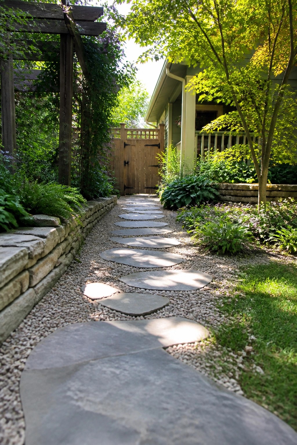 A winding garden path of irregular gray stepping stones set in light gravel leads past ferns and hostas toward a wooden gate next to a house.