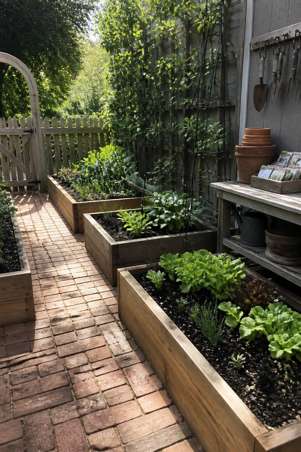 A backyard garden area with several raised wooden beds containing leafy vegetables, divided by a brick pathway, and climbing plants growing on vertical supports against a wooden fence.