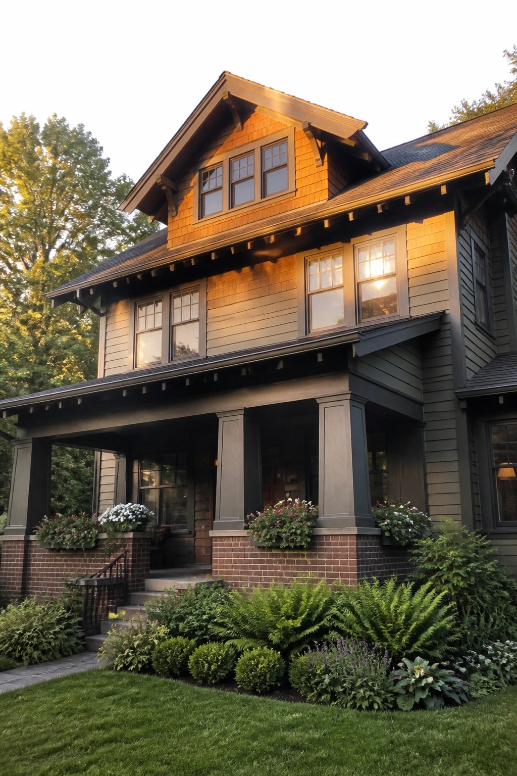 A Craftsman bungalow exterior showing a wide front porch with dark columns resting on brick piers, light siding, and a gabled upper story.
