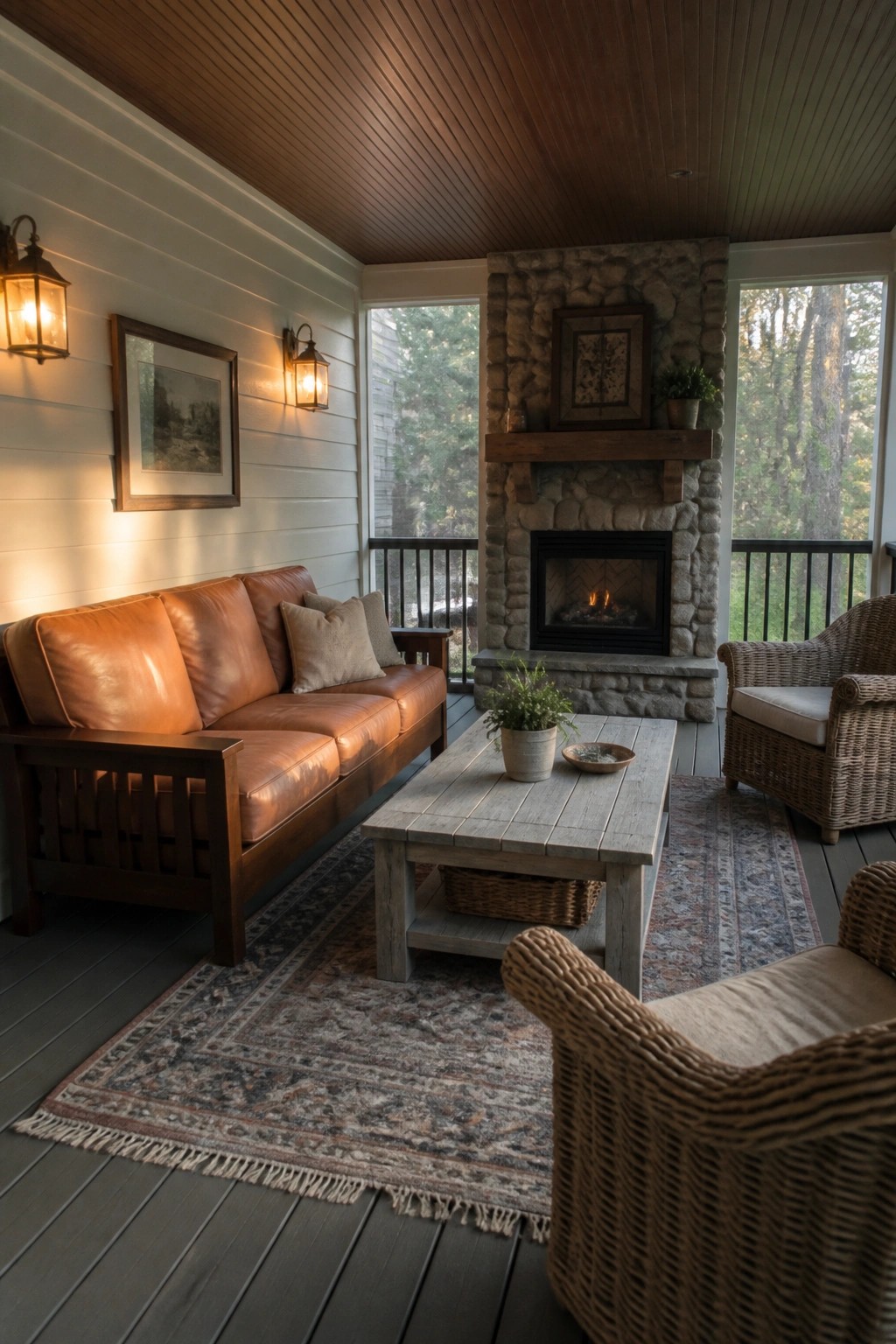 A covered porch with a brown leather sofa, wooden coffee table on a patterned rug, two wicker chairs, and a large stone fireplace with a fire burning.