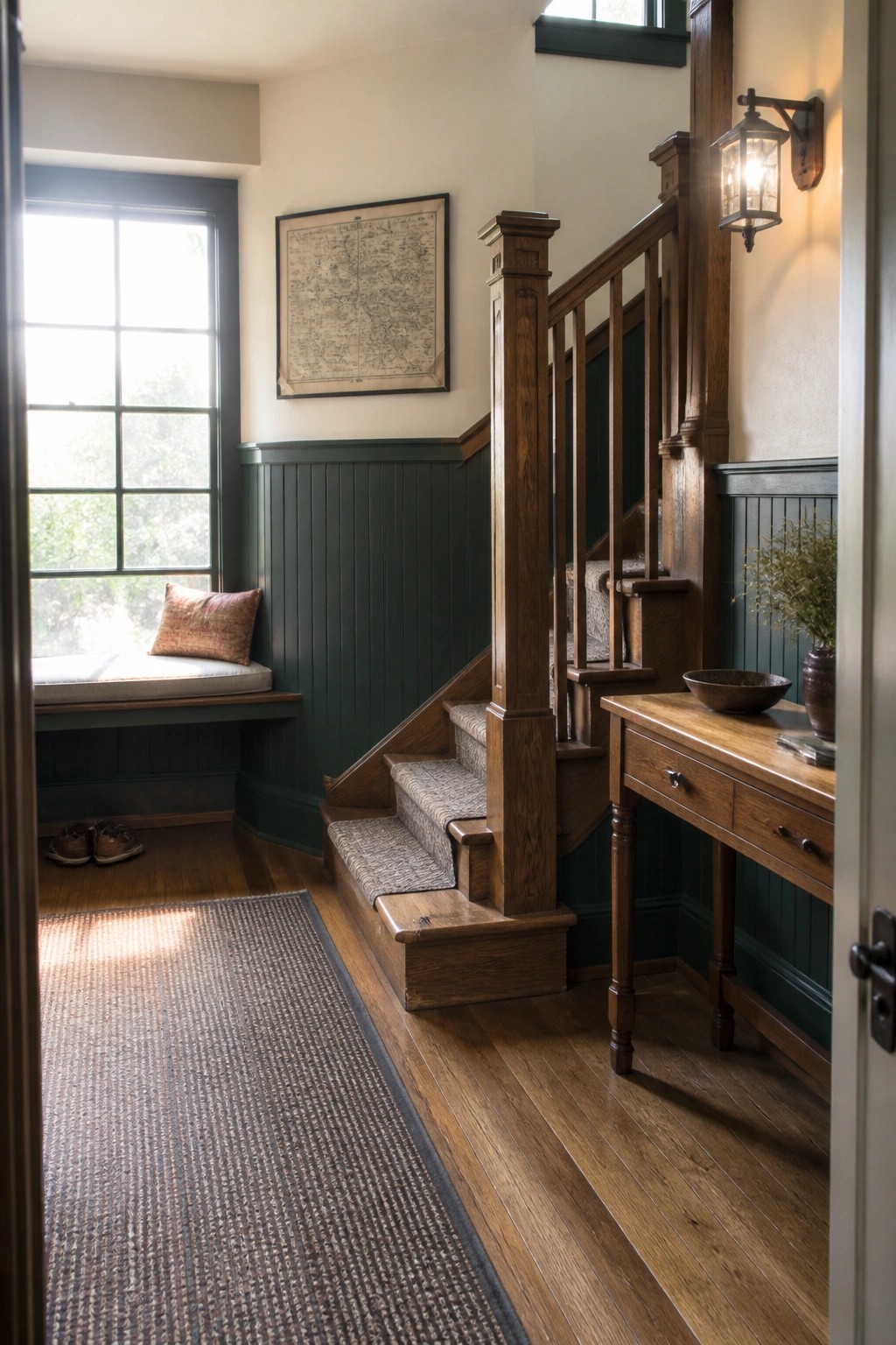Interior view of a Craftsman-style stairwell with a built-in window seat under a large window, dark green wainscoting, and a wooden staircase.
