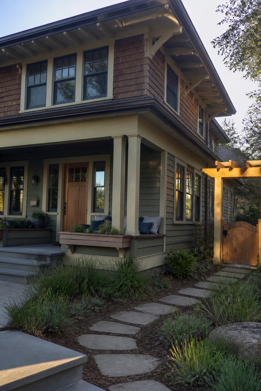 A two-story Craftsman house exterior with wood shingles on the upper level, light siding below, a covered porch with columns, and a stone path leading to the front door.