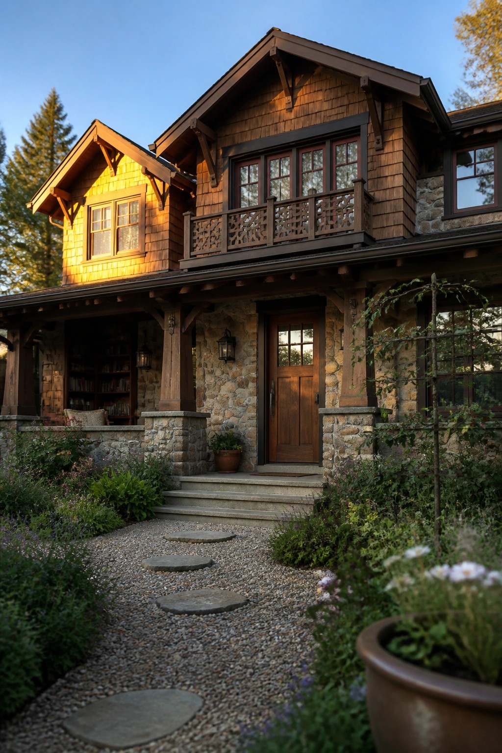 Rustic wooden house with stone porch, balcony, and stepping-stone garden path at sunset.