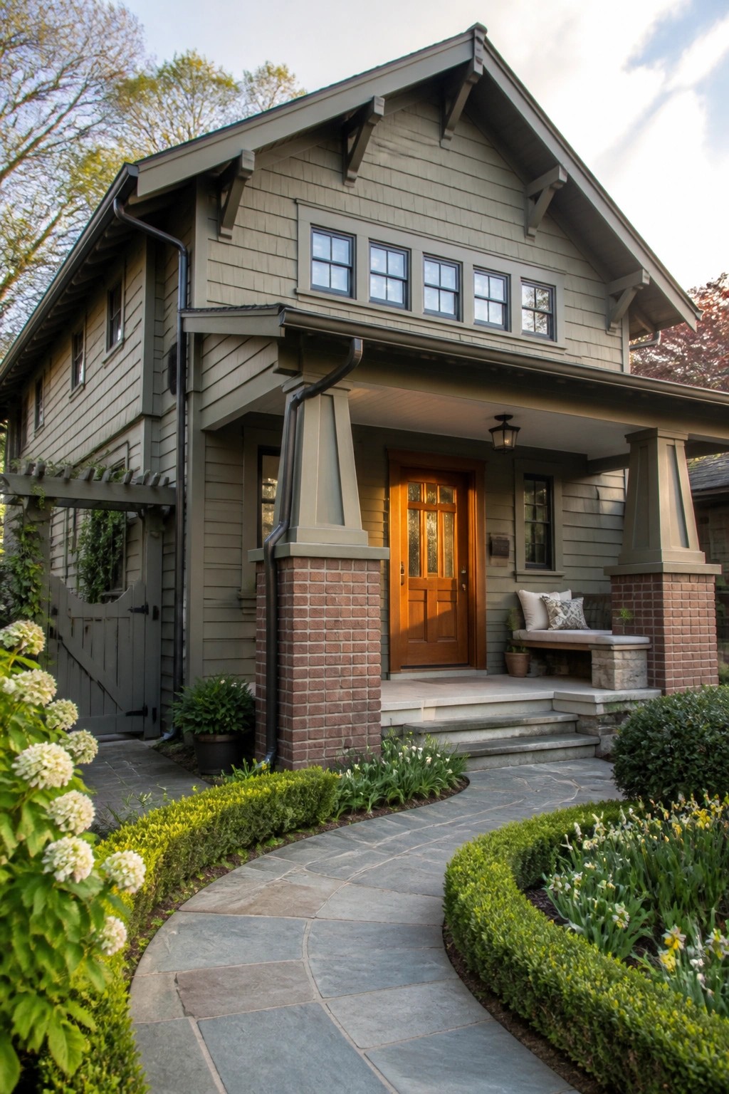 Charming craftsman house with wooden door, brick pillars, stone path, and blooming garden.