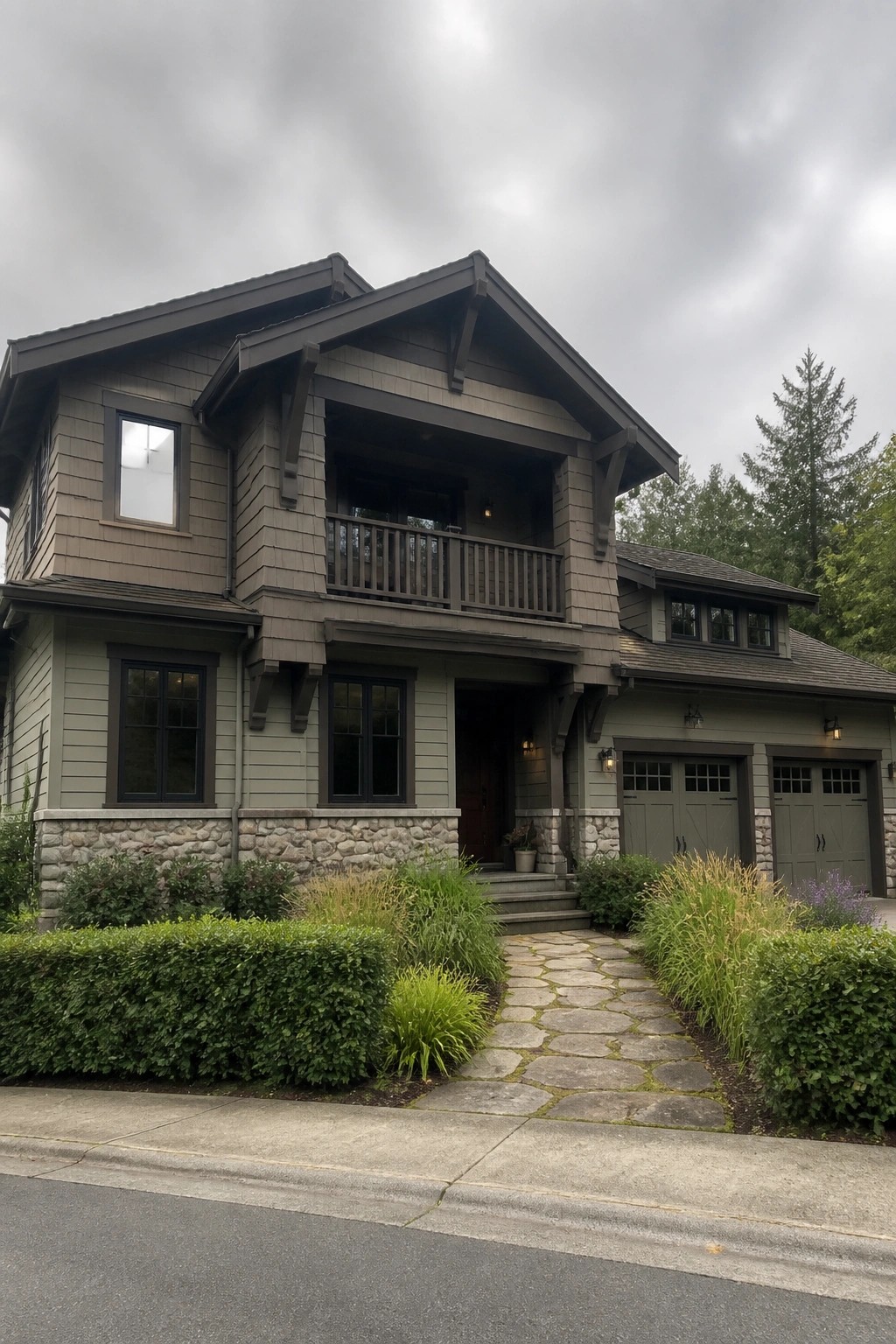 A two-story Craftsman-style house with gray siding, a stone foundation, a central front door topped by a balcony, and a stone pathway leading to the entrance.