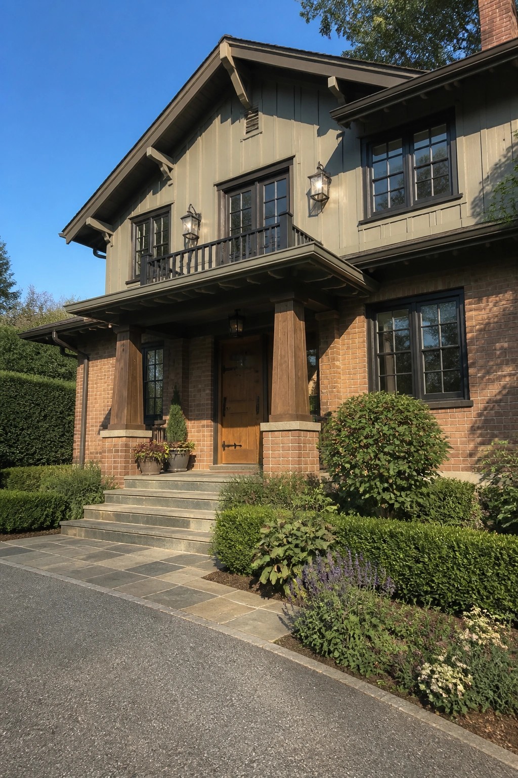 Green two-story home with brick base, wooden porch, stone steps, and lush garden.