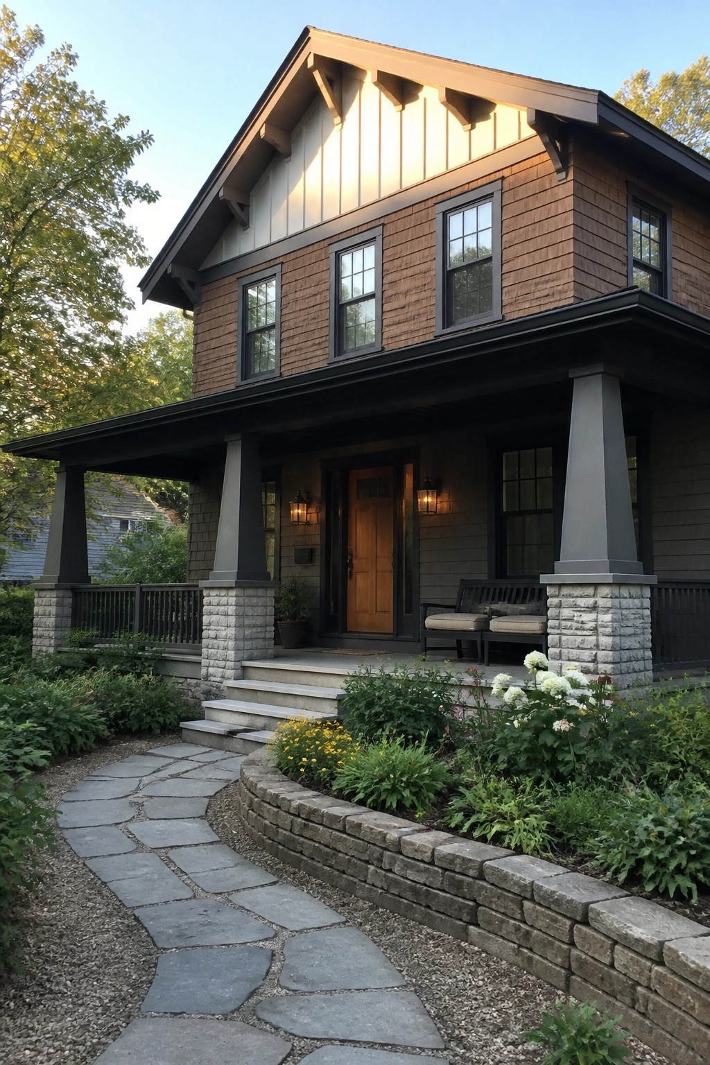 Two-story wooden house with porch, stone path, and blooming flower garden.