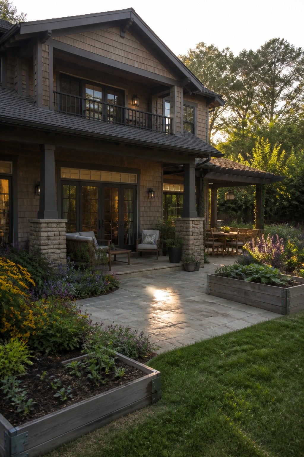 Two-story shingled house with stone patio, raised garden beds, and pergola dining area