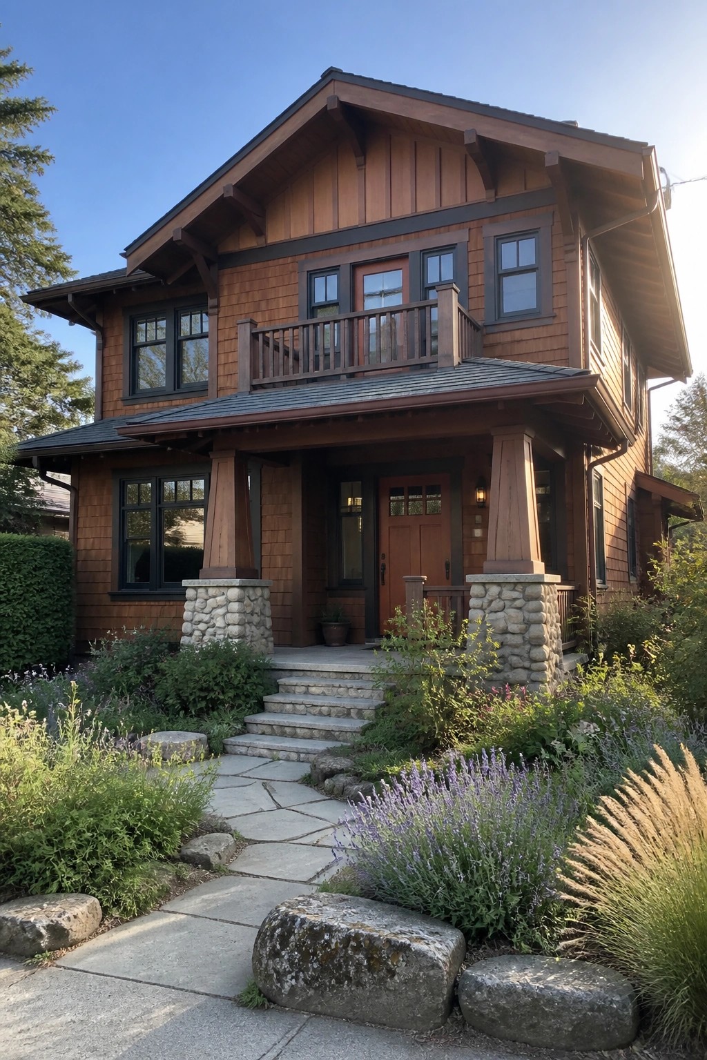 Two-story Craftsman house exterior showing a covered front porch with wooden columns resting on large stone piers, wood shingle siding, and a stone walkway leading to the entrance.
